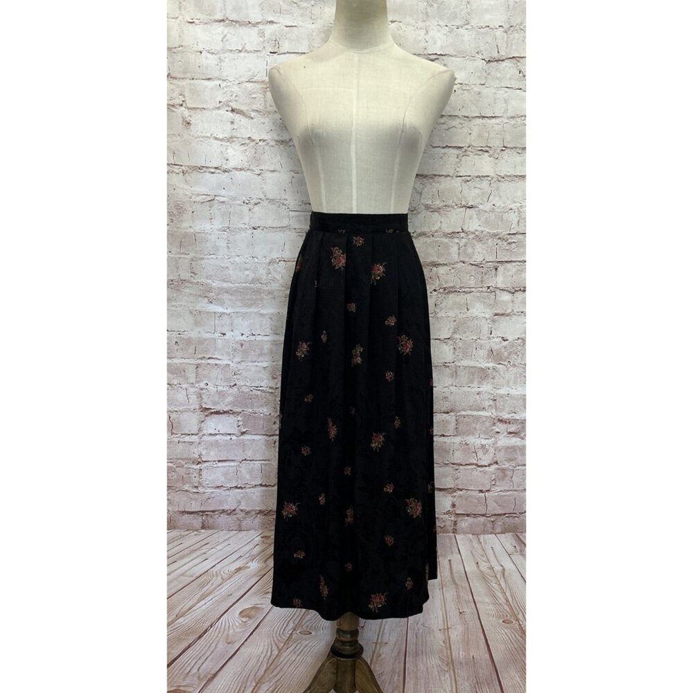 Susan Bristol New Traditions Vintage Black Floral Pleated Midi Skirt Size 16
